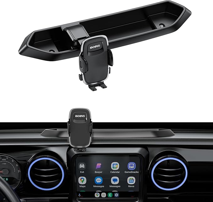 Dashboard Phone Mount for Jeep Wrangler JL JLU & Gladiator JT (2018–2023) – Storage Tray Organizer with Metal Clamp Arm & Extension Rod, Scratch-Free Silicone Base, No-Rattle Design, Not for 4xe