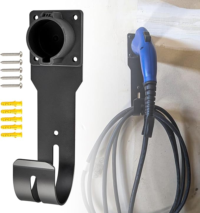 Anina EV Charger Holder for SEA J1772 Connector J Hook Car Nozzle Holster Dock Wall Mount Electric Vehicle Cable Organizer Compatible with Ford BMW Nissan Audi Heavy Duty Steel