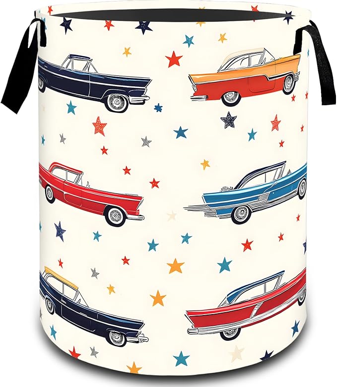 Vintage Classic Car Laundry Basket, Dirty Collapsible Clothes Toy Organizer Hamper for Kids Adults, Oxford Cloth Waterproof Storage Bin for Bedroom Bathroom Home Decor Gifts, 19.7"X15.7"