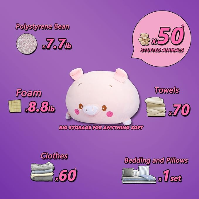 CUEBEAR Stuffed Animal Storage Bean Bag Chair Cover for Kids Pink Pig Plush Bean Bag Chair for Girls Large Size Toy Organizer Cover Only Without Filling