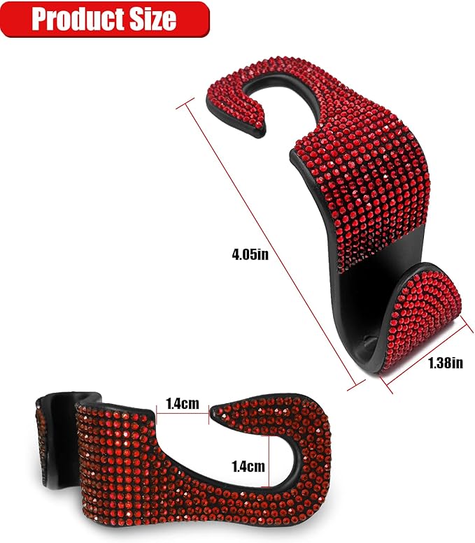 OSIFIT 2PCS Car Seat Hooks, Bling Rhinestone Headrest Hooks, Universal Bling Car Interior Accessories, for Handbag, Clothes, Purse, Water Bottle (Red)