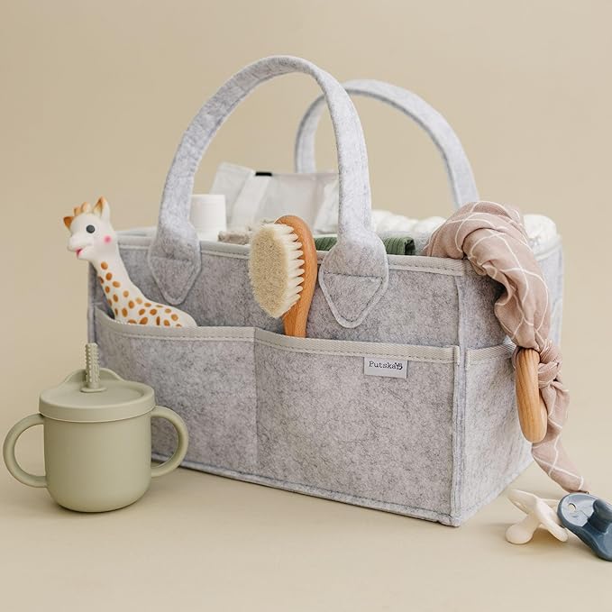 PUTSKA Baby Diaper Caddy Organizer - Nursery Storage Basket for Diaper Station, Baby Basket Shower List and Registry Gift Must-Haves, Newborn Essentials, Nursery Decor for Boy or Girl - Grey, Regular