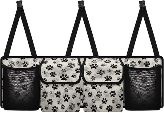 Black Dog Paw Print Trunk Hanging Storage Bag Large Capacity Car Back Seat Organizer with 4 Storage Bags,Space Saving Expert