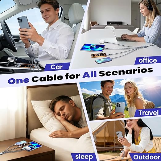 4 in 2 USB A/C to Multi Charging Cable, Travel Charger Cord for All Devices with Dual Type-C/IP/Micro, Universal Multiple Charging Cord for iPhone17-8/Android/Car/Office/Home (2Packs 5FT)