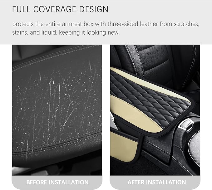 IHOTDER Patchwork Leather Center Console Covers for Cars,Upgraded Arm Rest Cover for Car with Side Storage Pocket for Car Seat Organizer,Middle Console Cover Stylish Car Decoration (Beige)
