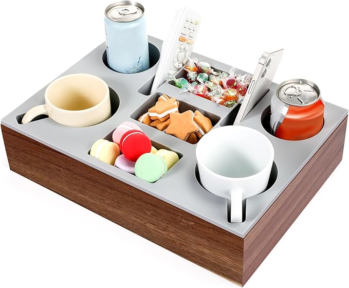 Yerliker Couch Cup Holder Tray, Silicone Lining Couch Caddy Waterproof Anti-spill Sofa Cup Holder for Bed Car Seat Organizer, Hold Mugs, Drinks, Snacks, Phones, Remotes(Rectangle,Grey,Acacia)