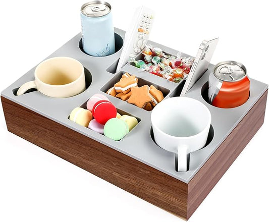 Yerliker Couch Cup Holder Tray, Silicone Lining Couch Caddy Waterproof Anti-spill Sofa Cup Holder for Bed Car Seat Organizer, Hold Mugs, Drinks, Snacks, Phones, Remotes(Rectangle,Grey,Acacia)