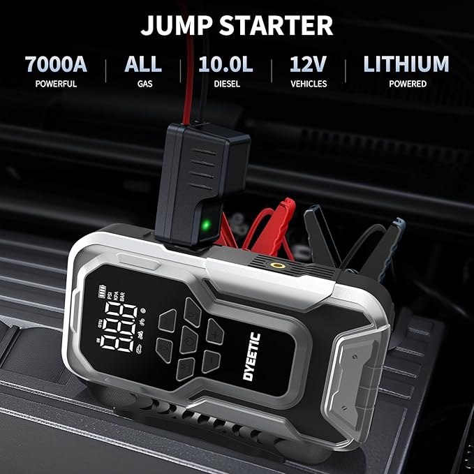 7000A Car Jump Starter with Air Compressor,150PSI Car Battery Jump Starter with Tire Inflator,12V Pack Jump Box with Large Digital Display, 21800mAh Power Bank,Smart Jumper Cable
