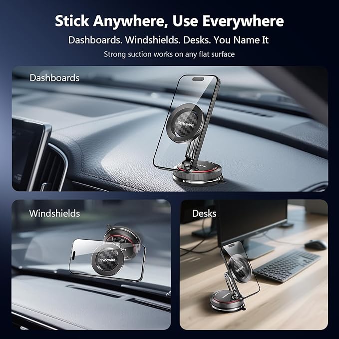 SYNCWIRE for MagSafe Car Mount [2-Axis Design] Nano Adhesive Gel + Suction Cup Magnetic Phone Holder for Dashboard & Windshield, 360° Adjustable for iPhone 17 16 15 14 13 12 11, Samsung, Carbon Fiber