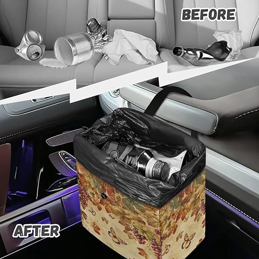 Butterfly Maple Leaf Car Trash Can Cute Leakproof Car Garbage Bag Hanging Trash Bin Grapes Print Automotive Garbage Cans for Back/Front Seat/Console Car Accessories