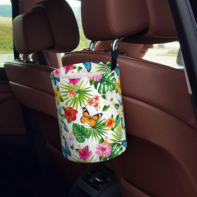 Car Trash Can Leaves Flowers Pattern Multipurpose Collapsible Leakproof Trash Bin Car Accessories for Car Automotive Truck SUV