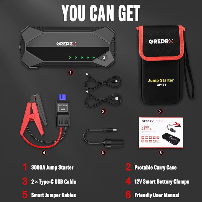 GREPRO Jump Starter (10L Gas & 8.0L Diesel Engines), 3000A Car Battery Jump Starter Battery Pack,12V Booster, Jump Box with Jumper Cables, Car Jumper with LED Light