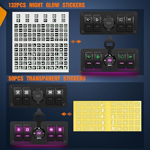 Nilight 4 Gang Rocker Switch Box 12V SPST ON Off Toggle Switches PD Type C and QC 3.0 USB Sockcet Voltmeter Purple LED Light Waterproof Aluminum Mount Bracket Panel DIY Stickers for Boat Car RV Truck