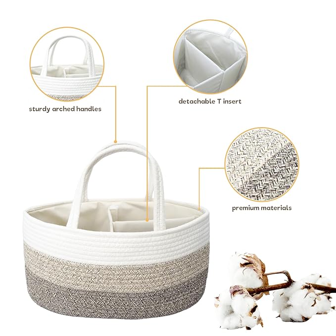 luxury little Diaper Caddy Organizer, Large Cotton Rope Nursery Baby Basket, Changing Table Organizer for Baby Diaper Storage, Portable Car Organizer Removable Divider (Gradient Brown, Extra Large)
