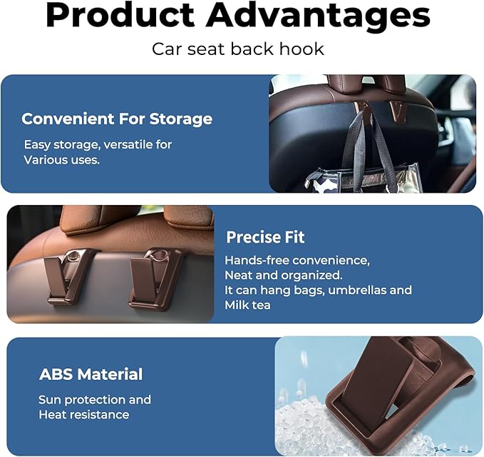 2 Packs Upgraded Foldable Car Seat Headrest Hidden Hooks for Volvo XC90 XC60 XC40 S90 S60 C70 V90 V60 EX30 EX90 60/90 Series Accessories, Storage Organizer for Purse Bag Toy Bottle (Brown)
