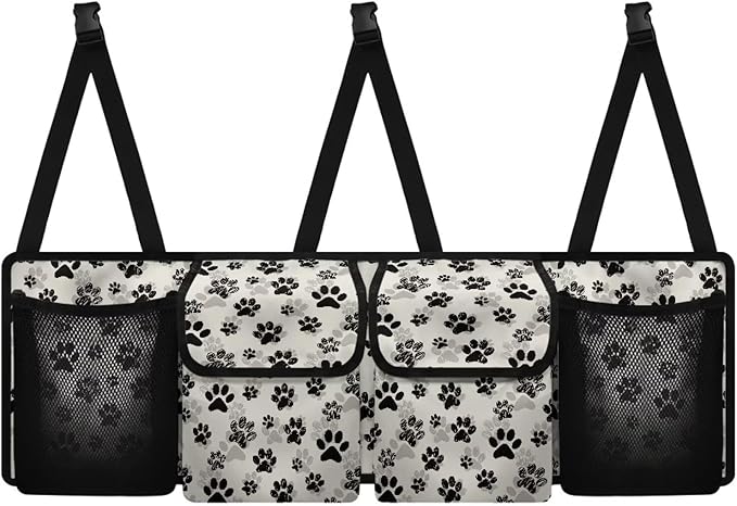 Dog Paw Print Car Trunk Organizer Foldable Auto Backseat Storage Bag with 4 Pockets Universal Hanging Auto Accessories Suitable Most Sedans SUVs Trucks Vans