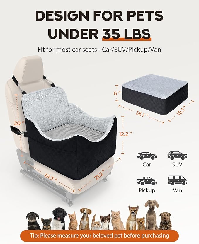 Dog Car Seats for Medium Dogs, All-Season Comfort Dog car Seat Boosters Detachable & Washable Pet Dogs Seat for Cars, SUVs, Easy to Install (Black)