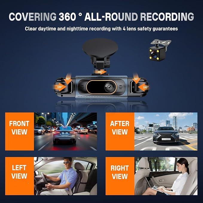 Dash Camera for Car, 360 Degree Dash Cam with 4 Lenses, Front Rear Left Right Recording, HD 2K Car Dashboard Camera with Night Vision, Suction Mount and Rear Camera Included