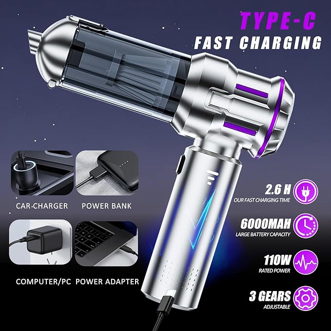 Handheld Car Vacuum Cordless, Mini Vacuum Cleaner Rechargeable, 16000Pa Hand Held Vacuum Cleaner Portable, Small Vacuum with Multi-Nozzles, Dust Duster for Car Home Office Pet (Silver Purple)