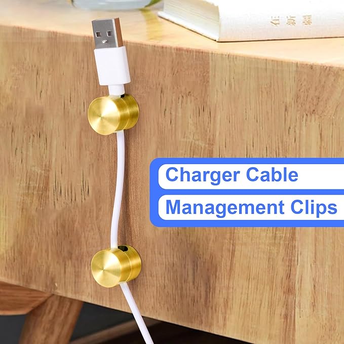 SmallCat 4 Sets Charger Holders for Cords, Gold Color Adjustable Cable Anchor Holders, Adhesive Metal Cord Clips, Cable Management Wire Organizers for Desk, Office, Nightstand