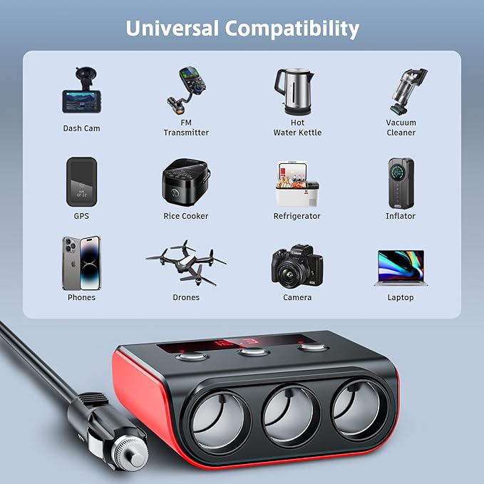 7 in 1 Cigarette Lighter Splitter, SONRU 3 Sockets Cigarette Lighter Splitter with PD Ports 3 Fast Charging USB Ports, 120W 12V/24V DC Independent Power Switches & LED Voltage Display