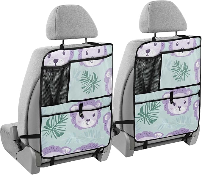 Cute Green Lion and Palm Leaves 1 Pack Backseat Car Organizer with Storage Pockets Seat Back Organizers for Kids Kick Mats Backseat Protector Automotive