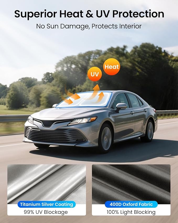 REEVAA Upgraded for Toyota Camry 2026-2018 Windshield Sunshade [Tailored Fit, 99% Sun Protection] Foldable Sun Shade Car Accessories with Storage Bag