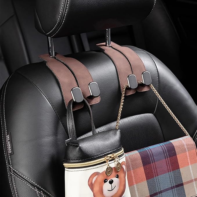 2 Pack Car Hooks for Headrest, Headrest Hooks Car Purse Hook Car Seat Back Storage Hook Premium Leather Car Seat Holder for Headrest Purses and Bags (Brown)