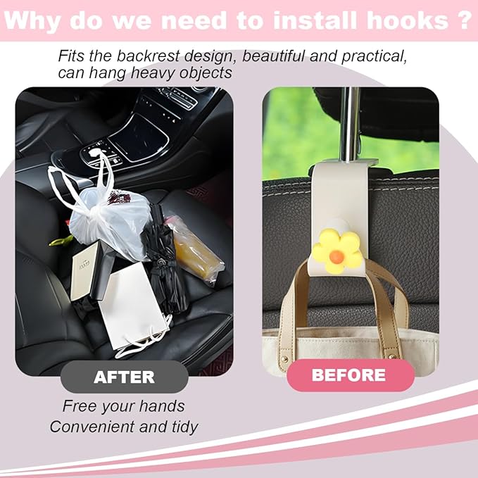 4 PCS Car Headrest Hook, Multifunctional Flower Vehicle Seat Back Storage Hook, Cute Automotive Seatback Organizer Hanger for Purse Grocery Bag Handbag, Universal Fit (Beige/Yellow)