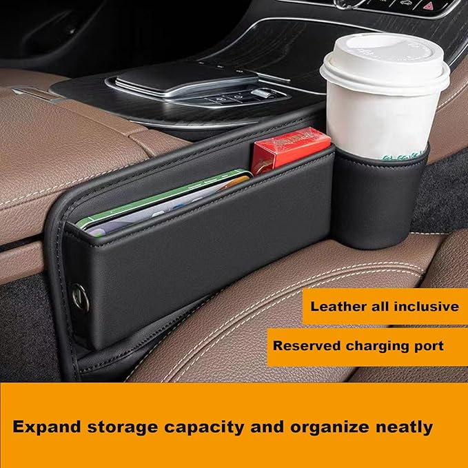 Car Leather Cup Holder Gap Bag for Mobile Phones Glasses Keys Cards Seat Gap Storage Box (2 Pack, Black)