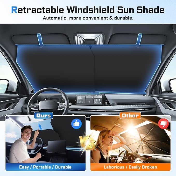 2026 Retractable Windshield Sun Shade Automatic Car Sunshade for Windshield, UV & Heat Protection, Keep Cool and Protect Interior, Adjustable Universal Fit for Car Trucks SUVs (Not for Large Trucks)