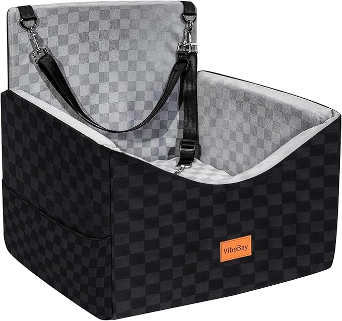 Dog Car Seat Booster for Small Medium Dogs up to 35 lbs - Elevated Memory Foam Pet Booster Seat with Detachable Washable Cover, Safety Tether, Storage Pockets (Grey, Medium)