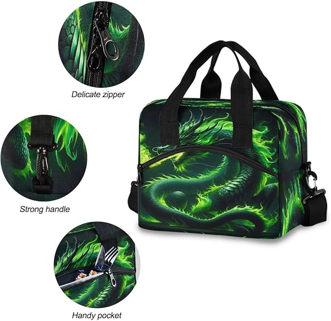 Lunch Bag for Kids Green Fire Dragon Cooler Lunch Box Large Capacity Lunch Organizer for Boys Girls