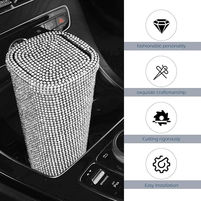 Bling Car Trash Can, Sparkly Rhinestone Cup Holder Car Garbage Can with Trash Bags, Universal for Cars, Offices, Homes – Stylish Cars Interior Accessory for Women (White)