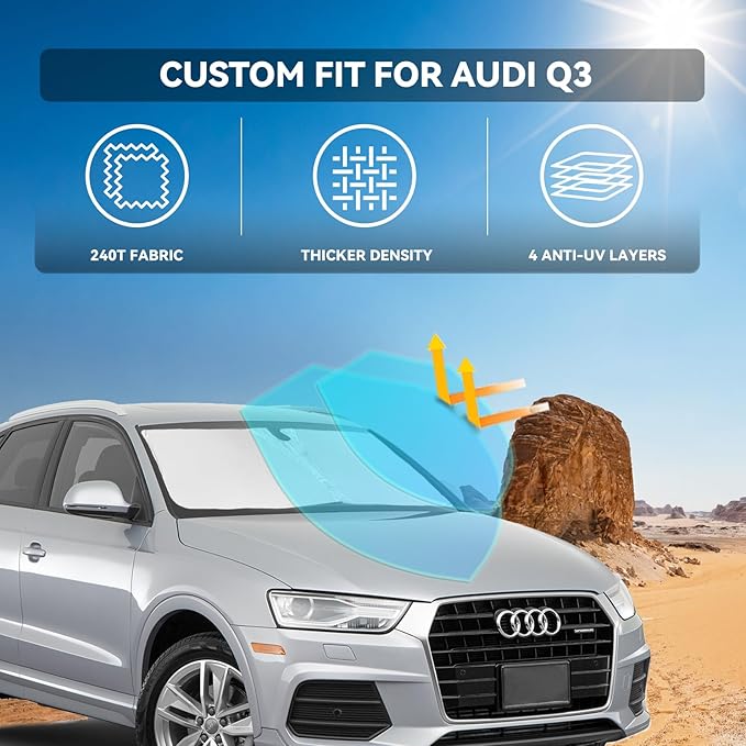 for Audi Q3 2013-2018 Windshield Sun Shade - 4 Layers Car Sunshades for Front Windows Shade Cover Custom Fit Q3 Sun Visor 250T Retractable Shade Blocks UV Rays Car Accessories