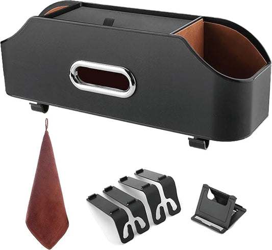 Backseat Car Organizer with 2 Drink Cup Holder - Tissue Holder - Car Seat Hooks for Headrest - Multi-functional Storage for Travel - Perfect for Kids, Adults(Black)