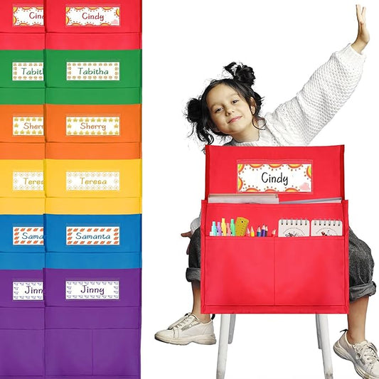 12 Pcs Classroom Chair Pockets, 15.9 x14.8 inch Chair Pockets for Classroom, 6 Bright Color Seat Sacks for Classroom Chairs, Buddy Pocket, Chart Seat Back Organizer with Name Tag