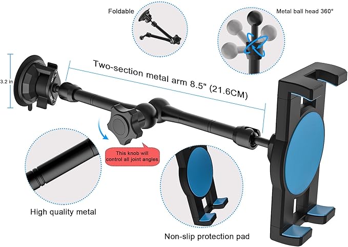 Car/Truck Tablet Mount for Dashboard Windshield, Vehicle Heavy Duty Suction iPad Holder with Metal Arm for 4-12.9" Tablet & Phones, iPad Pro/Air/Mini, Galaxy, Lenovo, iPhone etc