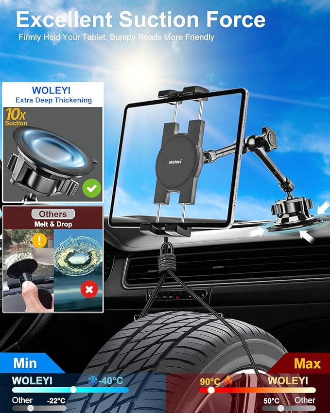Metal Tablet Mount - Heavy Duty [Super Suction Cup] Dashboard Windshield for Car/Semi Truck/Pickup/Van/SUV/Commercial Vehicle - 4.7-13" iPad Pro Air Mini, iPhone, Galaxy