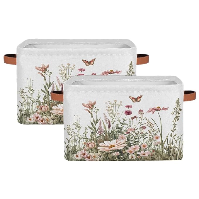 Spring Wildflowers Storage Baskets for Organizing, Fabric Collapsible Storage Bins Box Plants Floral Decorative Toy Organizer Baskets for Closet Shelves Gift Basket 2Pcs