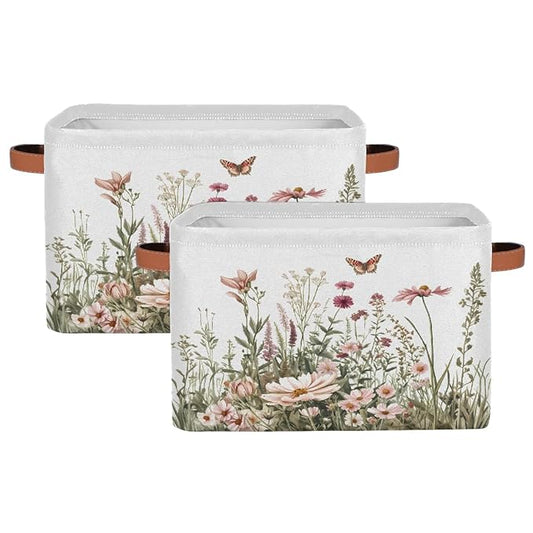 Spring Wildflowers Storage Baskets for Organizing, Fabric Collapsible Storage Bins Box Plants Floral Decorative Toy Organizer Baskets for Closet Shelves Gift Basket 2Pcs