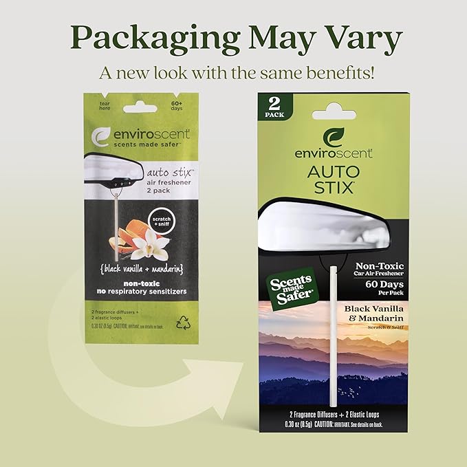 Enviroscent Non-Toxic* Car Air Freshener Auto Stix® - Scents Made Safer - Enjoy Fragrance Lasts Up to 180 Days - Includes Auto Stix® Diffusers & Elastic Loops - Black Vanilla & Mandarin (Pack of 3)