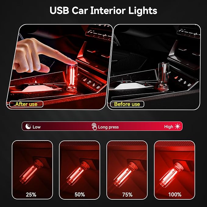 4 PCS USB Night Light, Touch Dimmable Mini USB LED Car Interior Ambient Lights, Portable Plug-in Glass Bottle Night Lamp for Car, Tent, Desk, Bedside (4 Red)