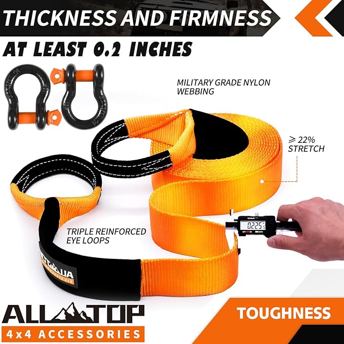ALL-TOP Extreme Duty Tow Strap Recovery Kit: 4inch x 30ft (46,500lbs) 100% Nylon and 22% Elongation Snatch Strap + 3/4 Heavy Duty D Ring Shackles (2pcs) + Storage Bag