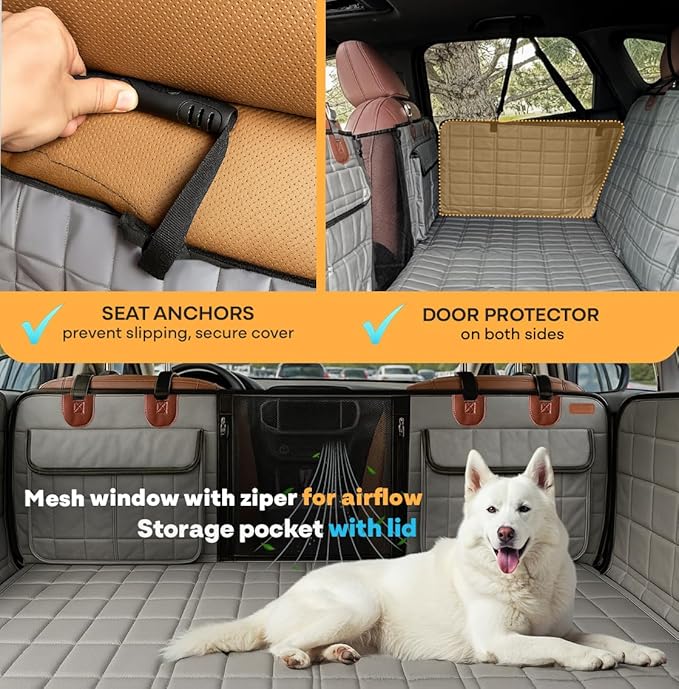APetsPlanet Backseat Extender for Dogs, Dog Seat Cover Hard Bottom for Car Backseat & Truck Travel Bed, Platform Hammock Mat Converts Rear Seat Into Backseat Bed, Grey Leather with Door Covers