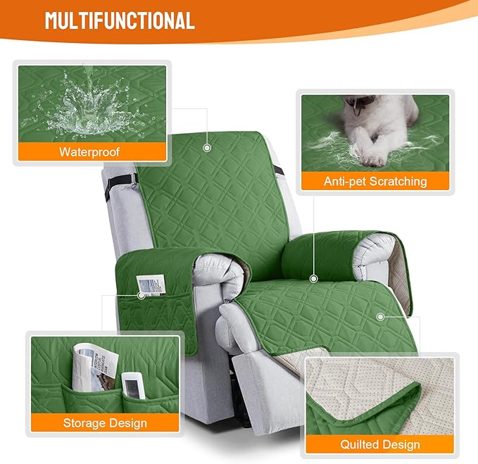VANSOFY 100% Waterproof Recliner Chair Covers, Recliner Cover Non-Slip Dog Chair Cover Furniture Protector Washable Slipcover with Pocket, Elastic Straps for Pets, Dogs(Vine Green, 28")