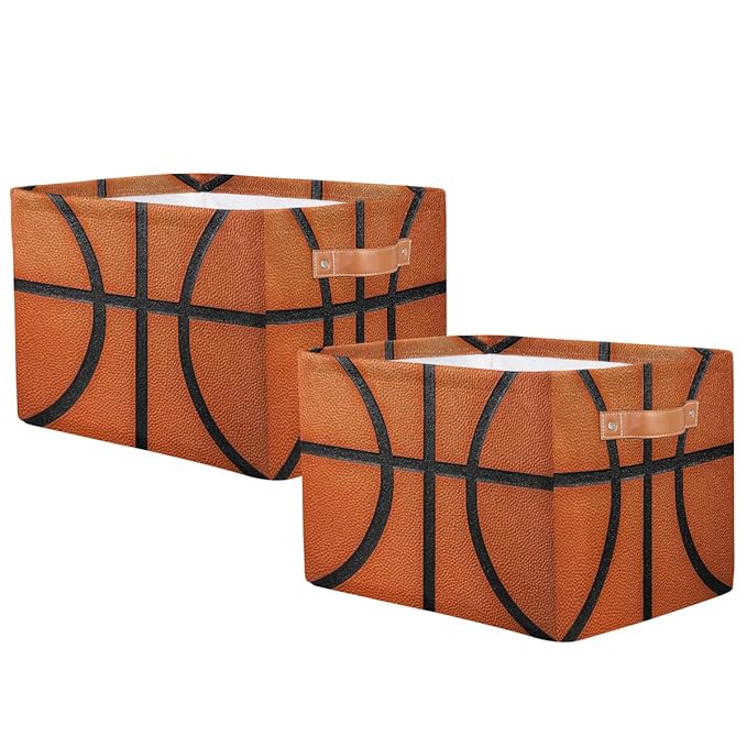 Basketball Texture Storage Baskets for Organizing, Fabric Collapsible Storage Bins Box Sport Pattern Decorative Toy Organizer Baskets for Closet Shelves Gift Basket 2Pcs
