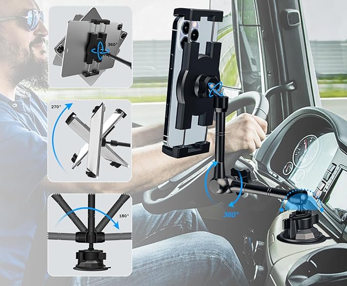 Car/Truck Tablet Mount for Dashboard Windshield, Vehicle Heavy Duty Suction iPad Holder with Metal Arm for 4-12.9" Tablet & Phones, iPad Pro/Air/Mini, Galaxy, Lenovo, iPhone etc