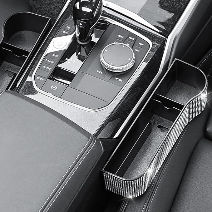 2Pcs Car Seat Gap Filler Organizer, Bling Bling Car Seat Organizer with Cup Holders & Charging Hole, Console Storage with Crystal Rhinestones Diamond