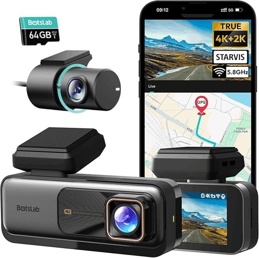 BOTSLAB 4K Dash Cam Front and Rear, 64GB SD Card Included, 170° Ultra Wide 4K+2K Dashcam with ADAS, Night Vision, 24/7 Parking Mode, IMX415 STARVIS Sensor, WDR, 5.8GHz WiFi,Built-in GPS,Loop Recording